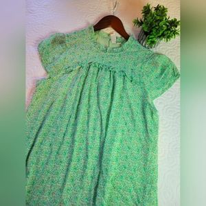 Joie | Mock Neck Floral Chiffon Cap Sleeve Blouse | Mint Green & Gold | Large